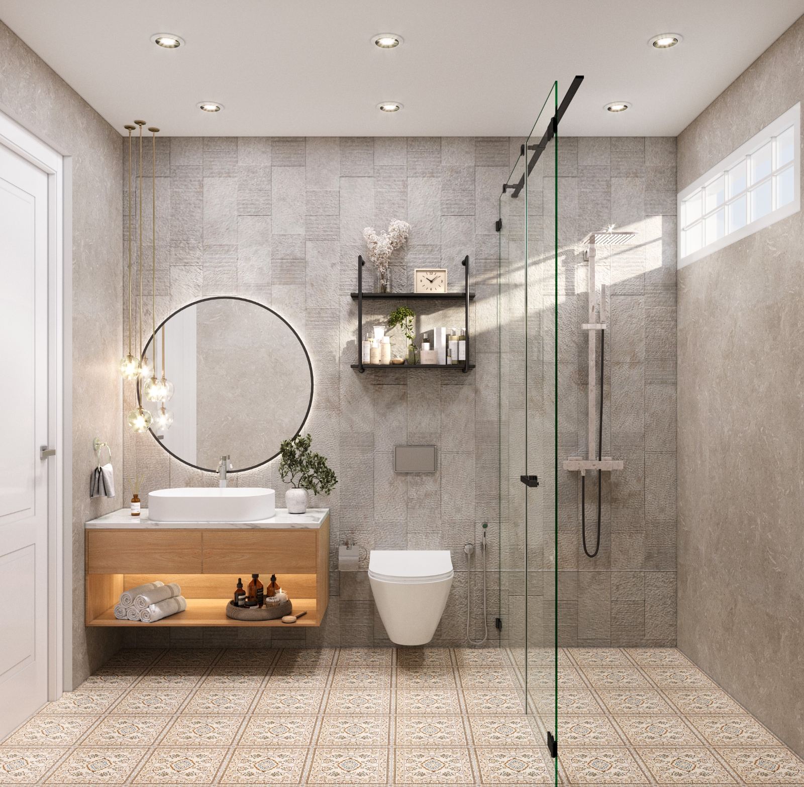 Bathroom with a round mirror, floating timber vanity and glass-enclosed shower