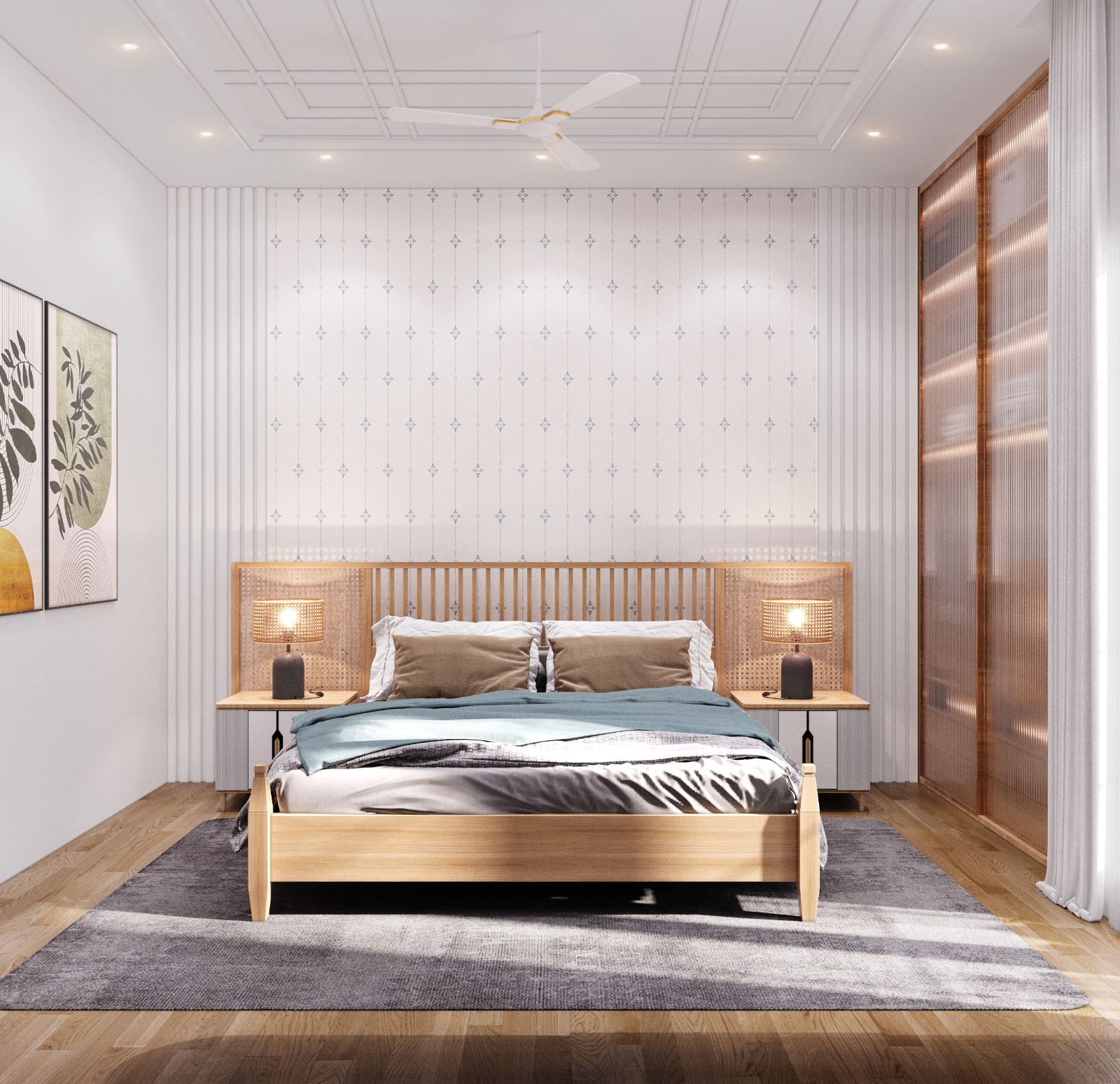 Main bedroom with a cane-weave headboard, timber floor and fluted wardrobe