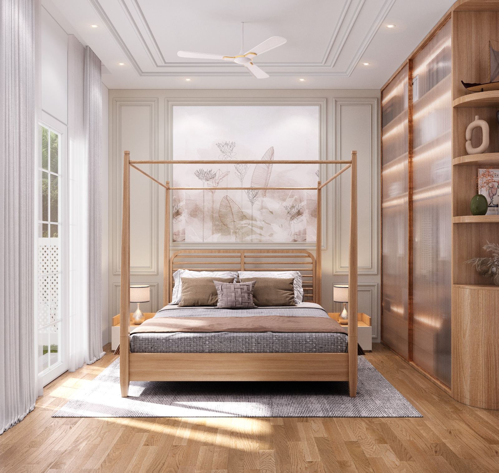 Second bedroom with a four-poster timber bed and a botanical mural