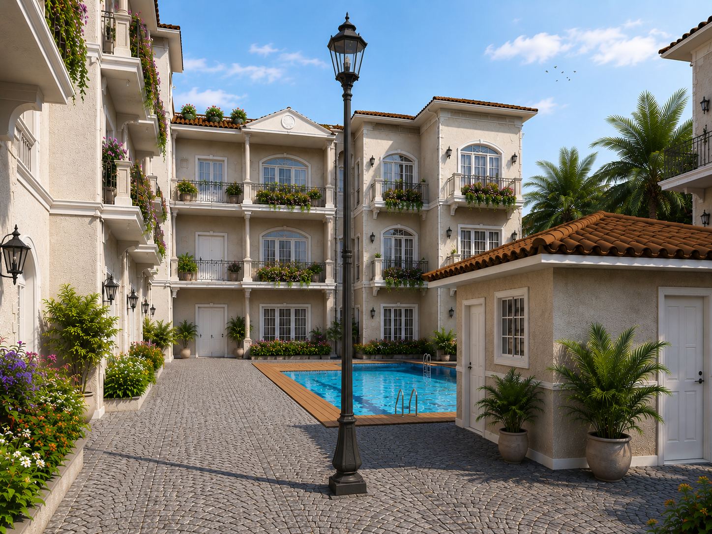 The pool court between the towers, edged with cobblestones and potted palms