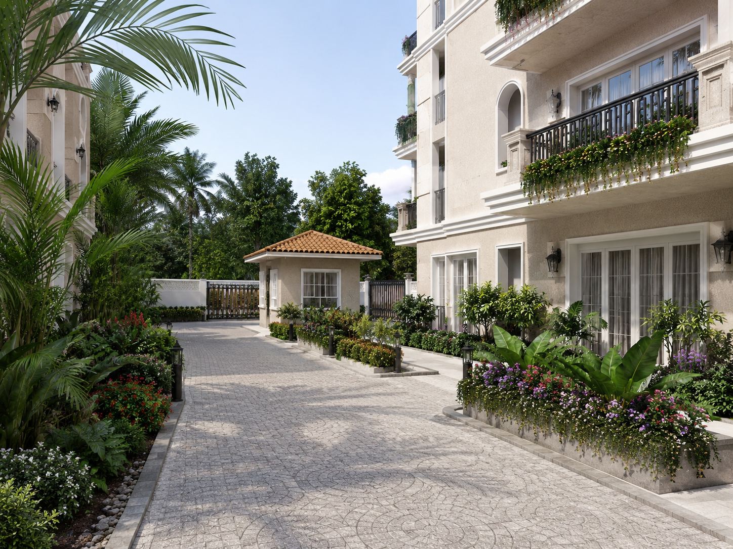 A cobblestone entrance courtyard with a guardhouse, tropical planting and wrought-iron balconies