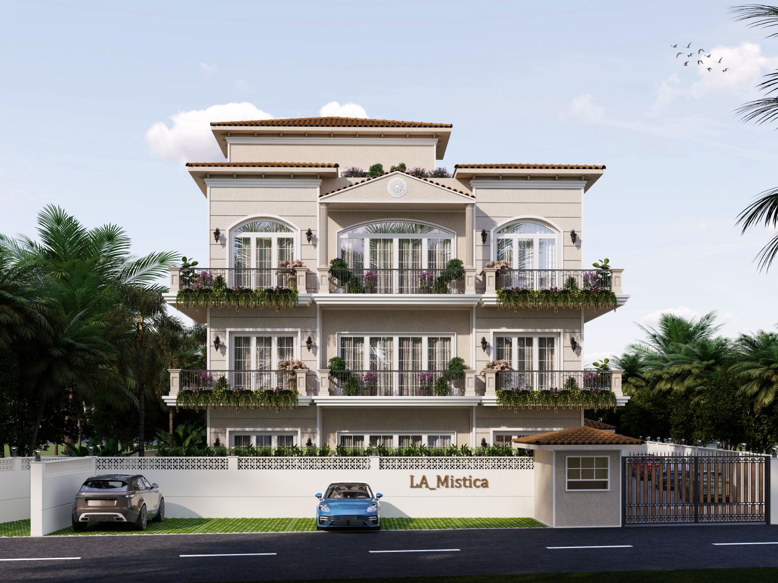 La Mistica seen from the street: a white building with arched windows, iron balconies and terracotta roofs among palms