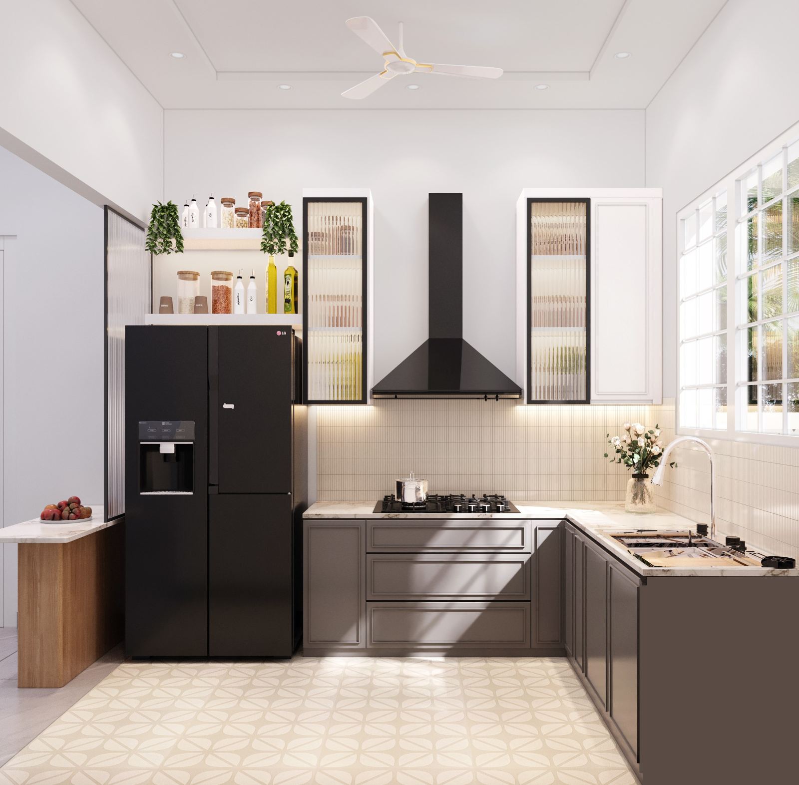 L-shaped kitchen with grey cabinets, glass-front wall units and stone countertops