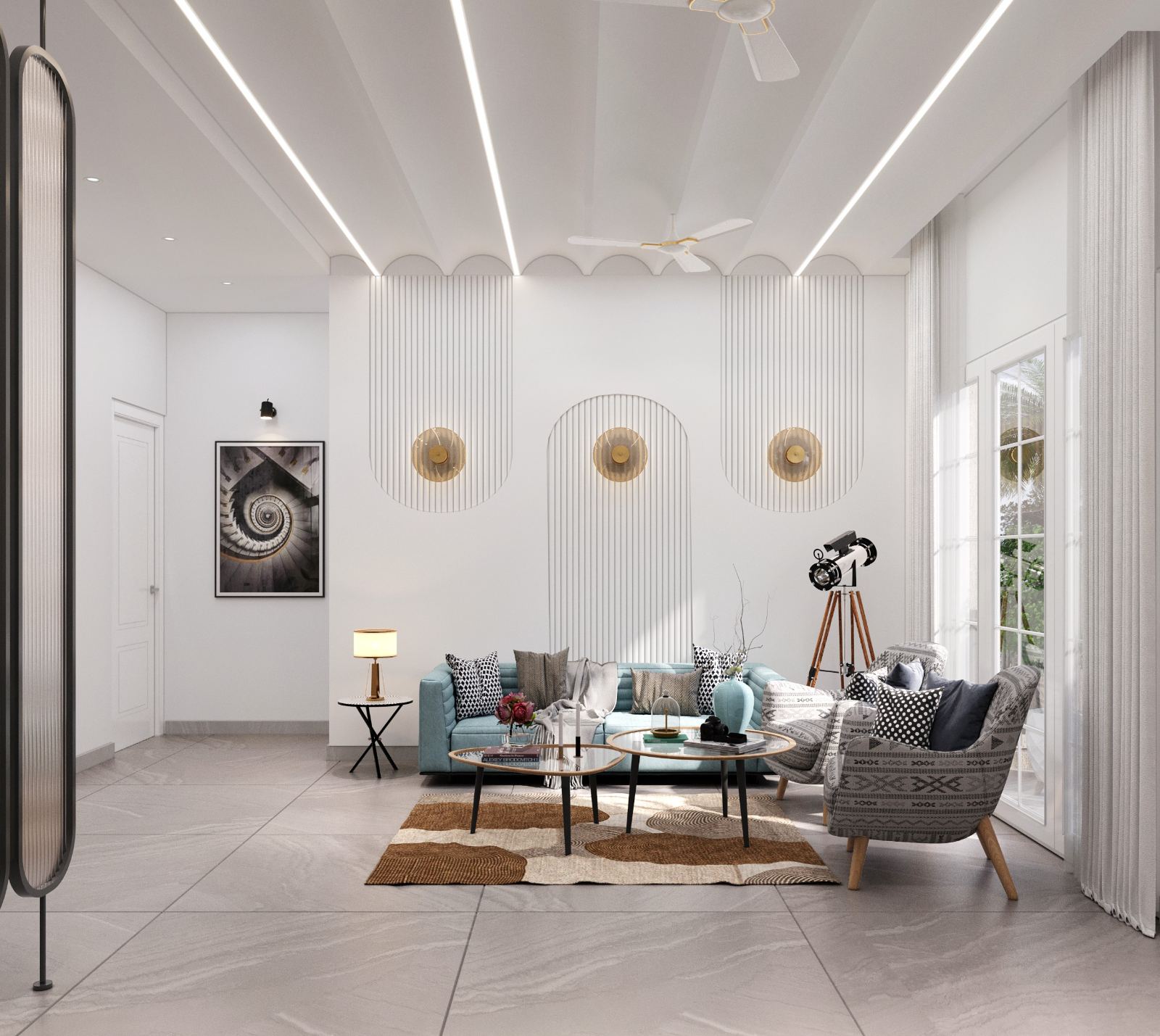 Open-plan living and dining room with French windows and a pale stone floor