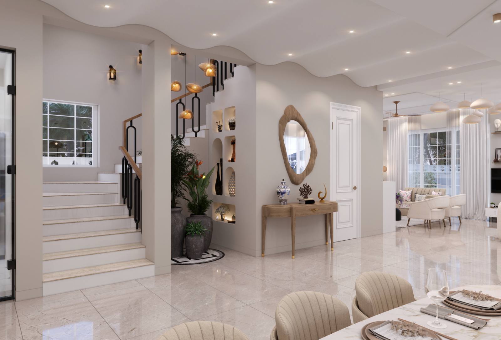 Entrance hall with a sculptural staircase and marble floor
