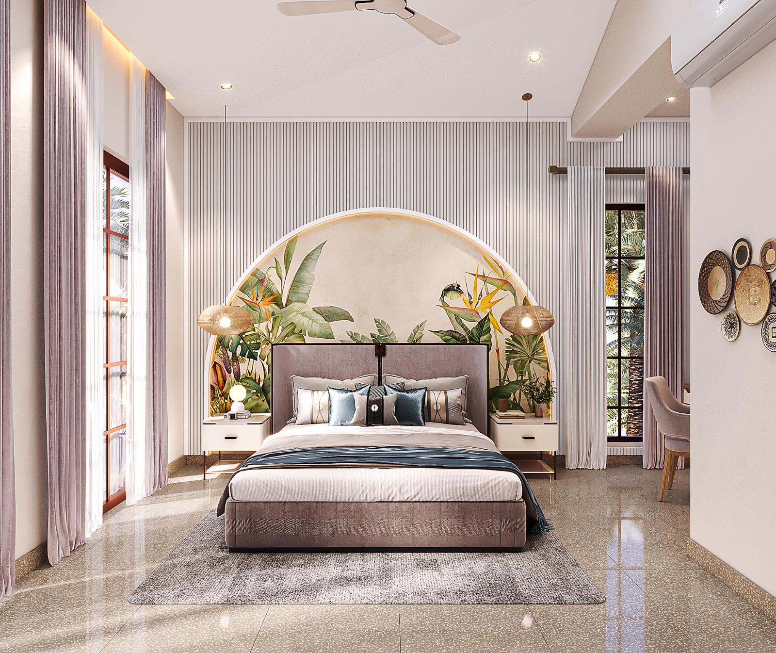 A guest bedroom with a tropical mural headboard
