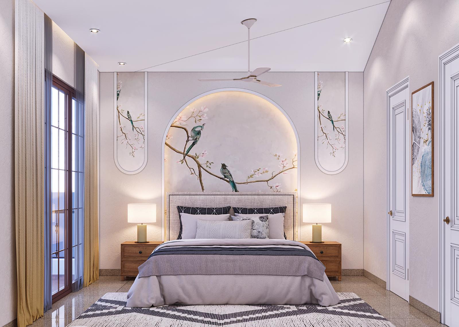 Main bedroom with a hand-painted bird and blossom mural behind the bed