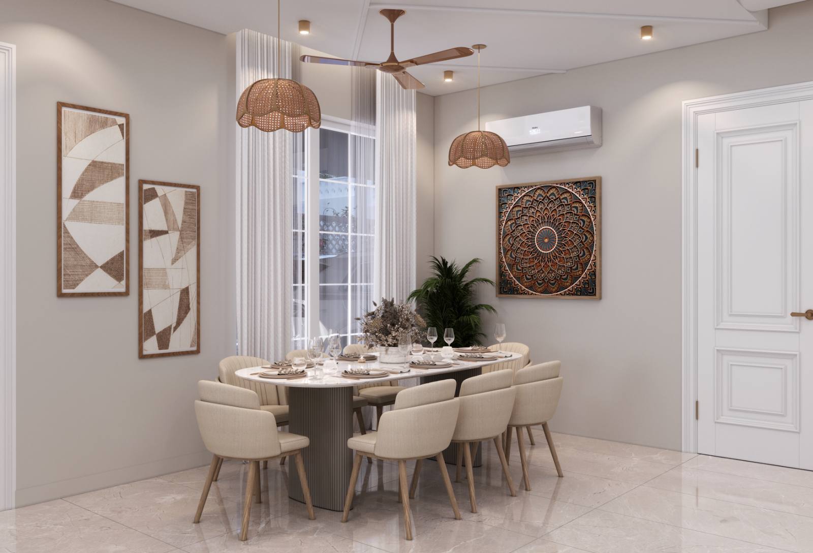 Eight-seat dining table under a statement light