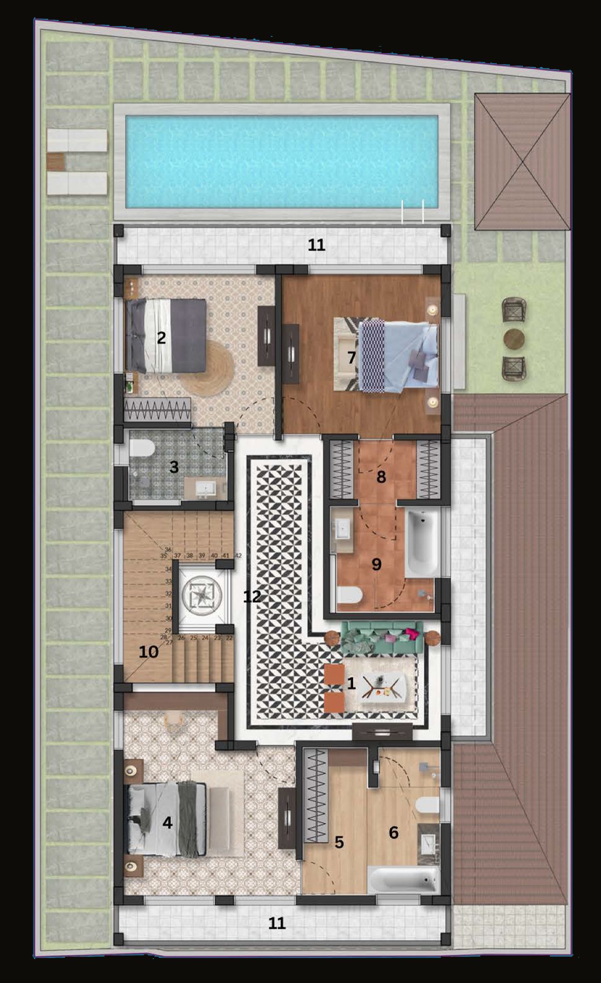 Upper-level floor plan of a La Serein villa
