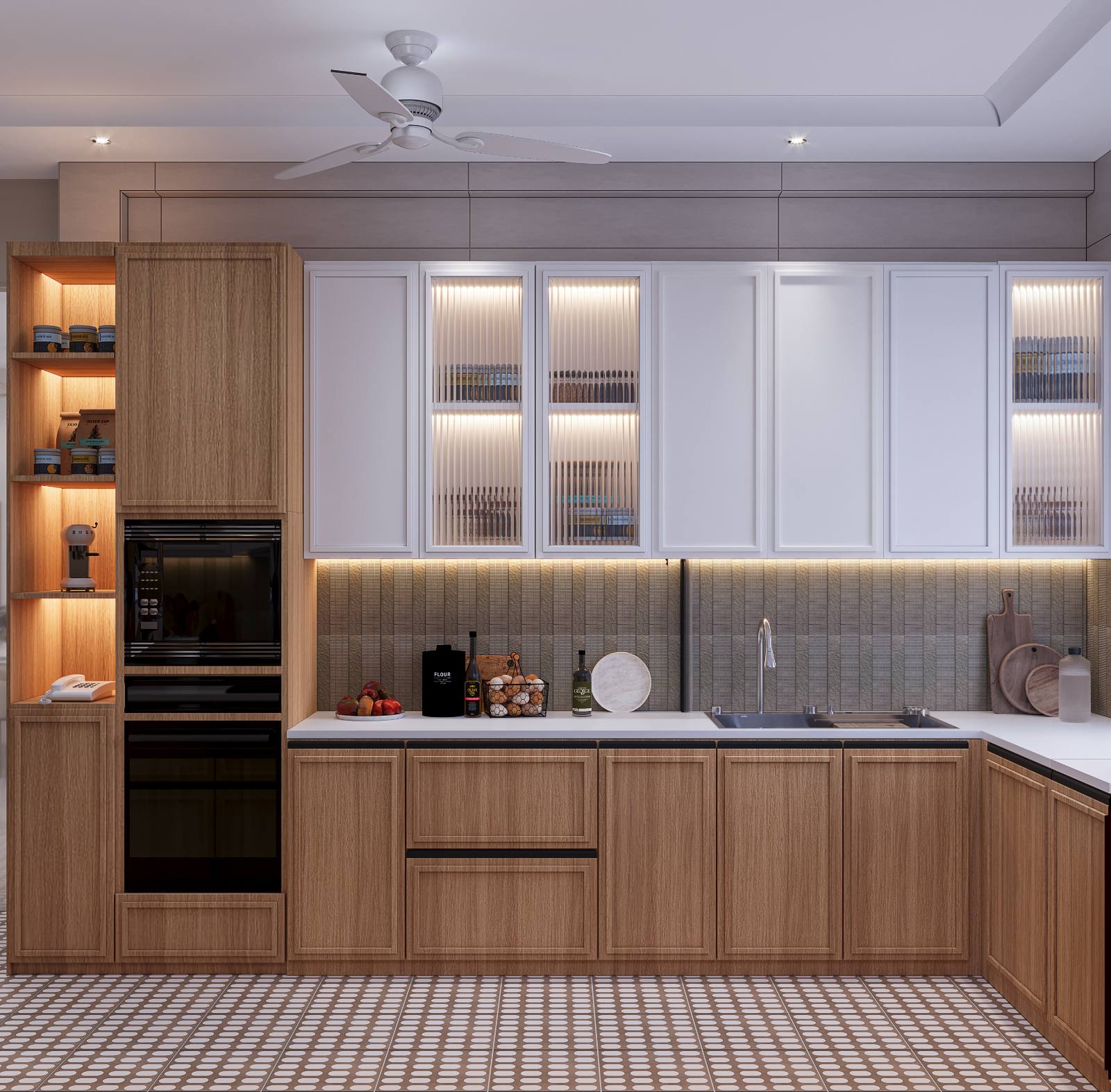 L-shaped kitchen in timber and stone with glass-front cabinets