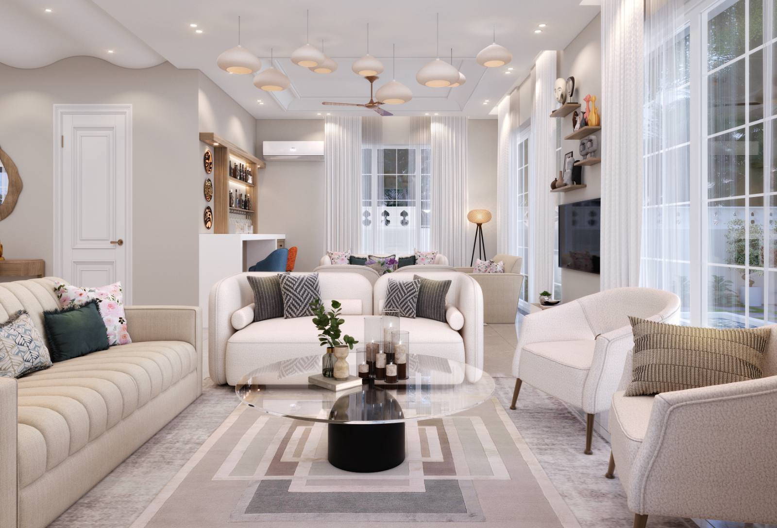Double-height living room with pale sofas and tall windows