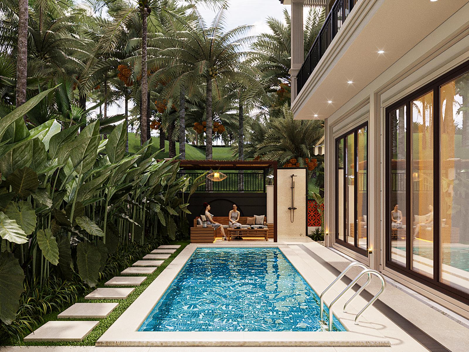 Private pool beside the villa with a shaded cabana and loungers