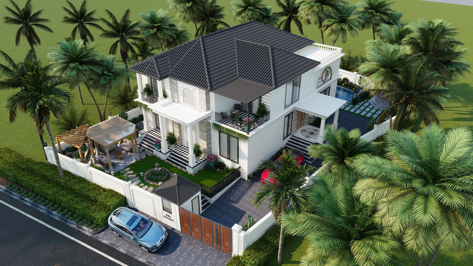 Aerial view of Villa Assagao with its garden and pool