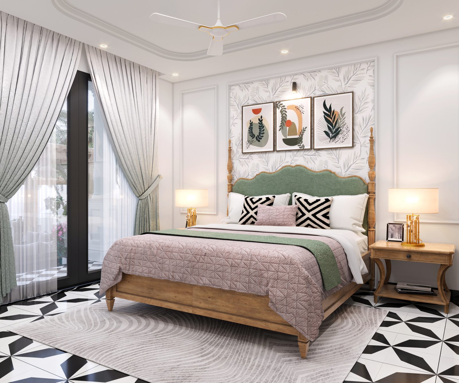 Bedroom with a carved timber bed and botanical prints