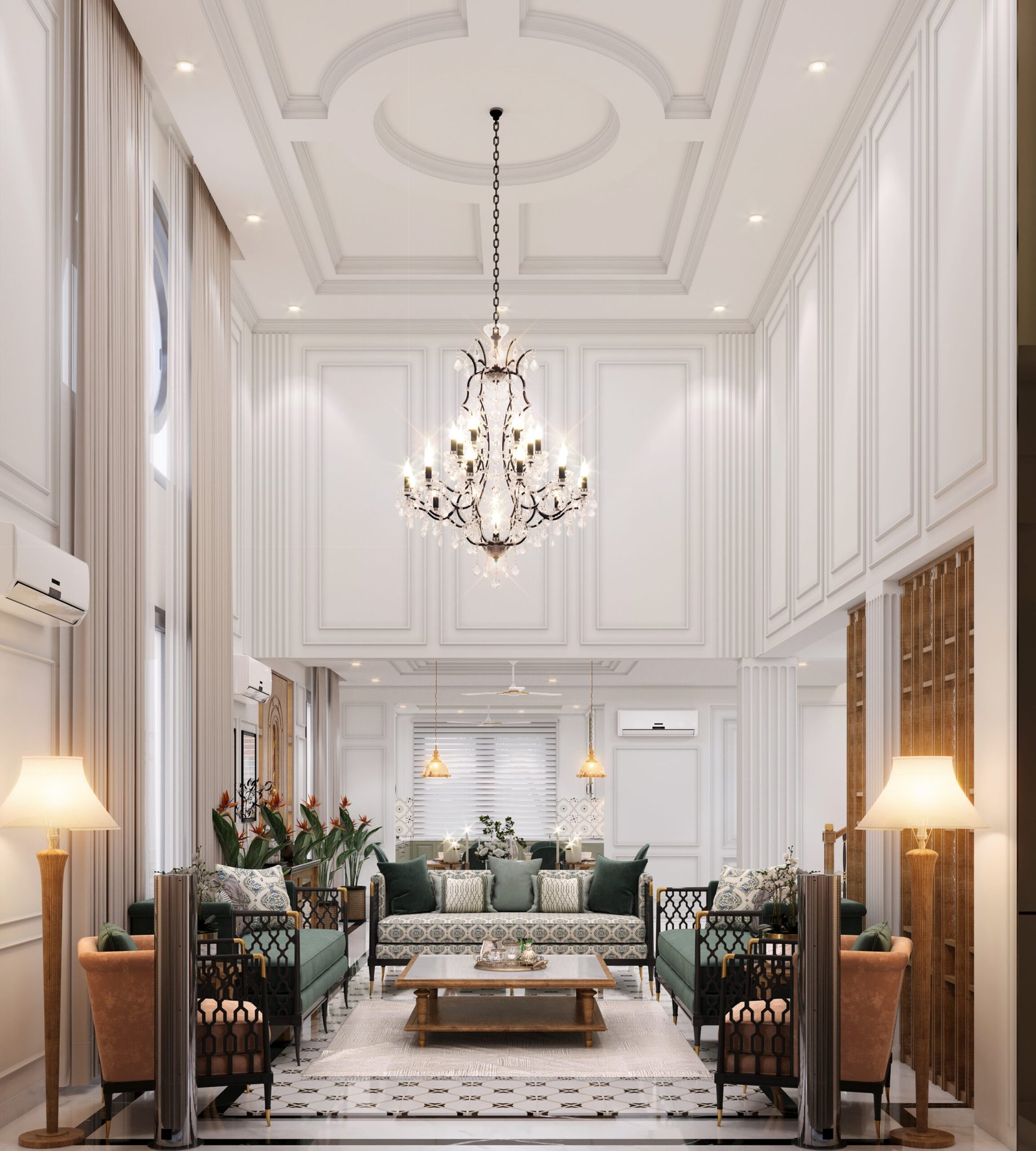 Double-height living room with a chandelier and panelled walls