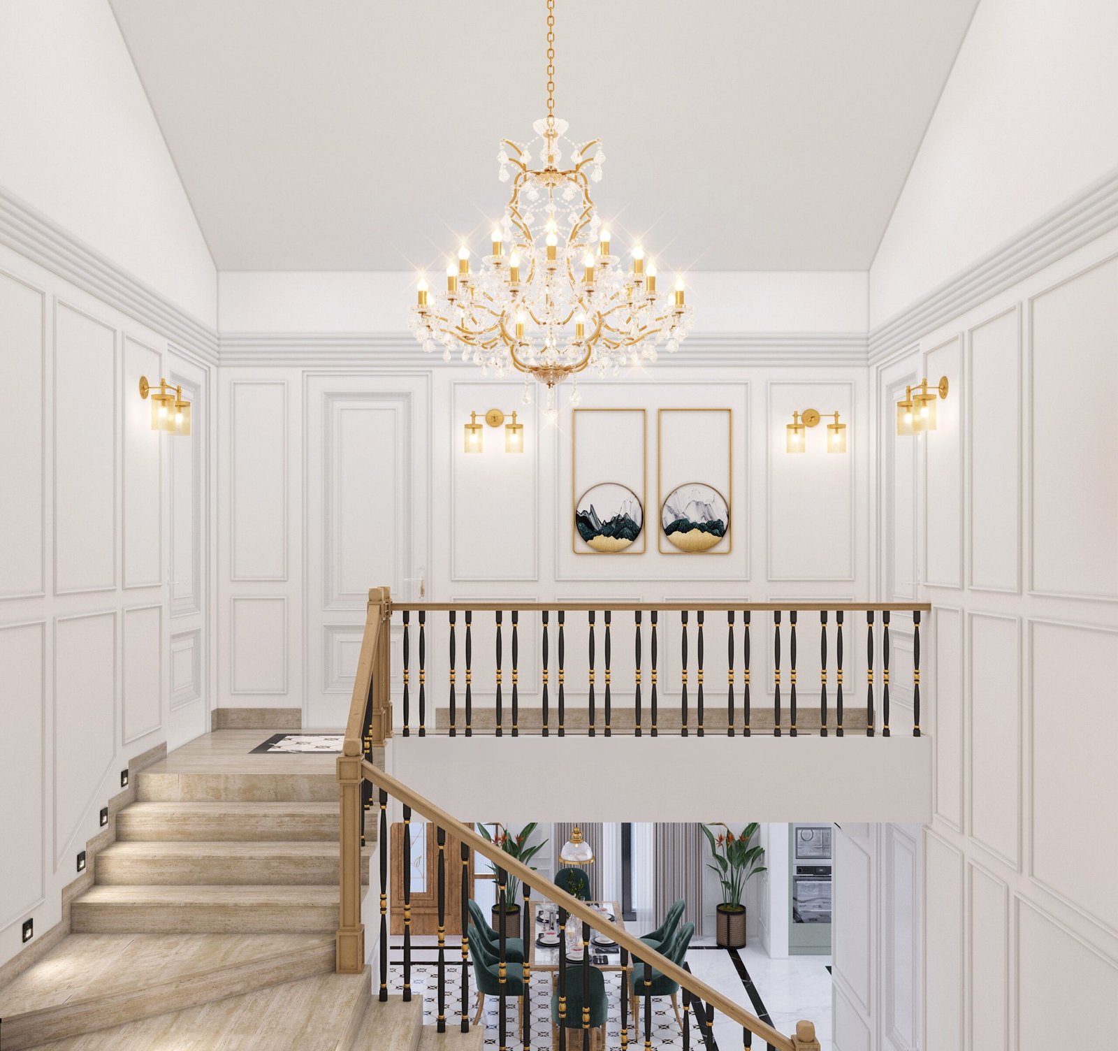 Upper landing with a timber balustrade and chandelier